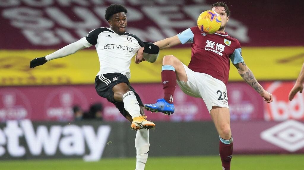 Fulham’s Nigerian striker Josh Maja in action against Burnley’s Irish defender Kevin Long. Photograph: Getty Images