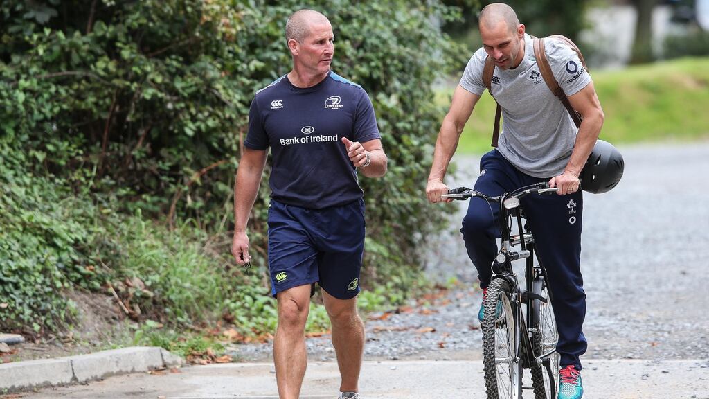Leinster’s Stuart Lancaster and Jason Cowman ahead of training yesterday. Photo: Gary Carr/Inpho
