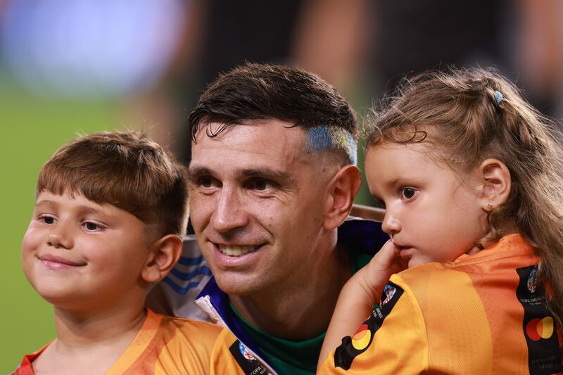 Emiliano Martinez with his kids prior to the Copa America Final against Colombia in Miami Gardens, Florida. Photograph: Carmen Mandato/Getty Images