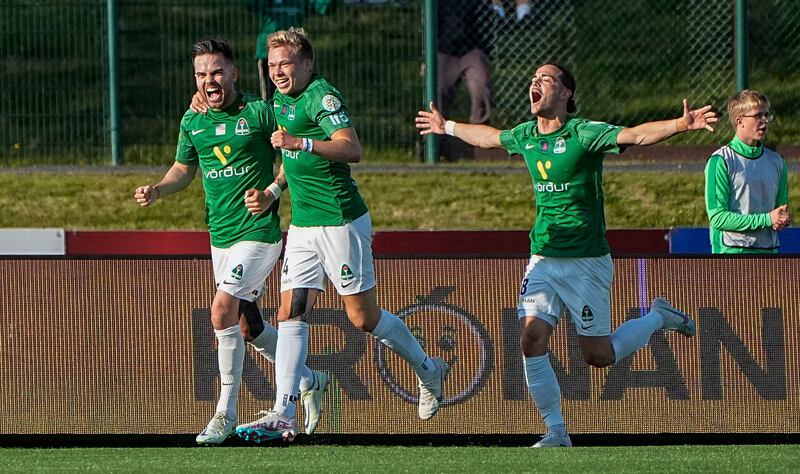 Breidablik’s Jason Dadi Svanthorsson celebrates scoring his sides first goal with teammates. Photograph: Hákon Pálsson/Inpho