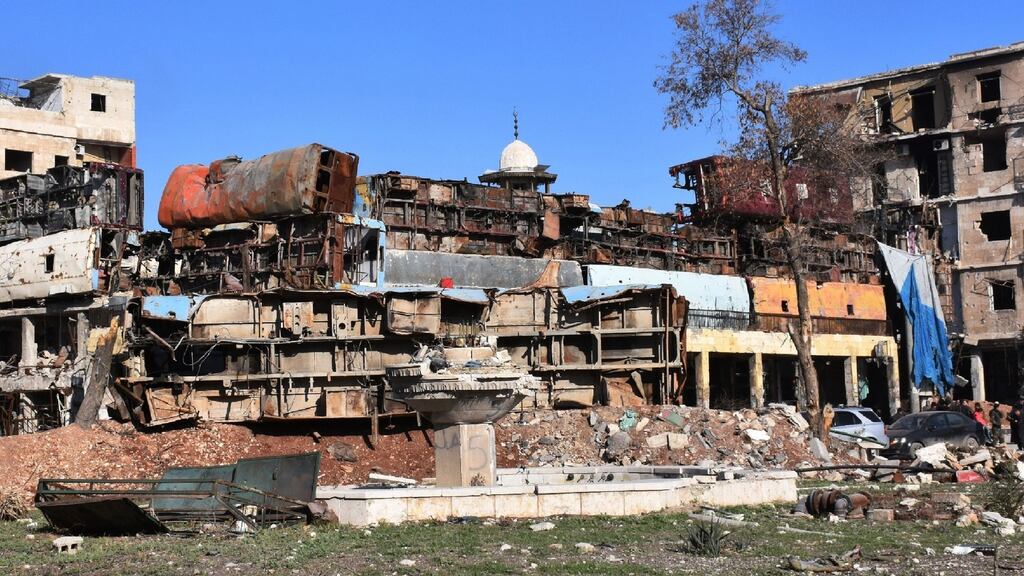 A makeshift barricade in the Bab al-Hadid district, in Aleppo’s Old City on Thursday, after it was retaken by Syrian pro-government forces. Photograph: George Ourfalian/AFP/Getty Images