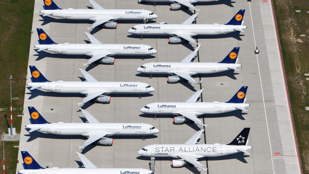 Lufthansa aircraft at Berlin Brandenburg International Airport in Schönefeld, Germany. The German government and Lufthansa have reached an agreement on a bailout rescue package. Photograph: EPA/Oliver Lang