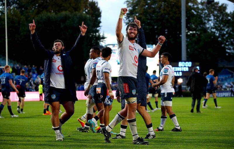 The Bulls celebrate their URC semi-final win over Leinster at the RDS Arena.