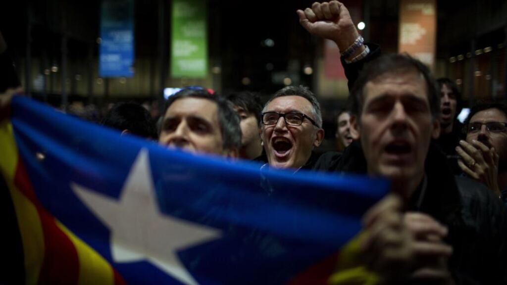 Pro-independence supporters celebrate the results of the informal poll for the independence of Catalonia in Barcelona, Spain, on Sunday.Photograph: AP Photo/Emilio Morenatti