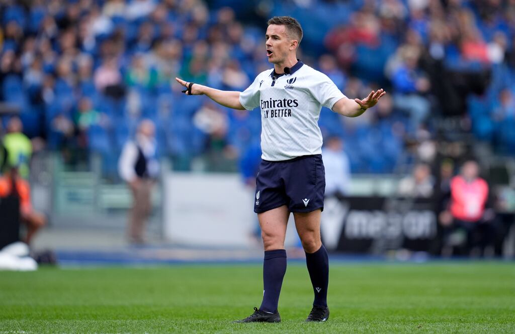Referee Luke Pearce during Ireland's Six Nations game against Italy on Saturday. Owen Doyle wasn't impressed with his 'nonsensical, supercilious smiling'. Photograph: Matteo Ciambelli/Inpho