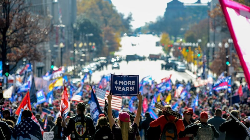Supporters of President Donald Trump rally in support of the president, near Freedom Plaza in Washington on Saturday. Photograph: Kenny Holston/The New York Times