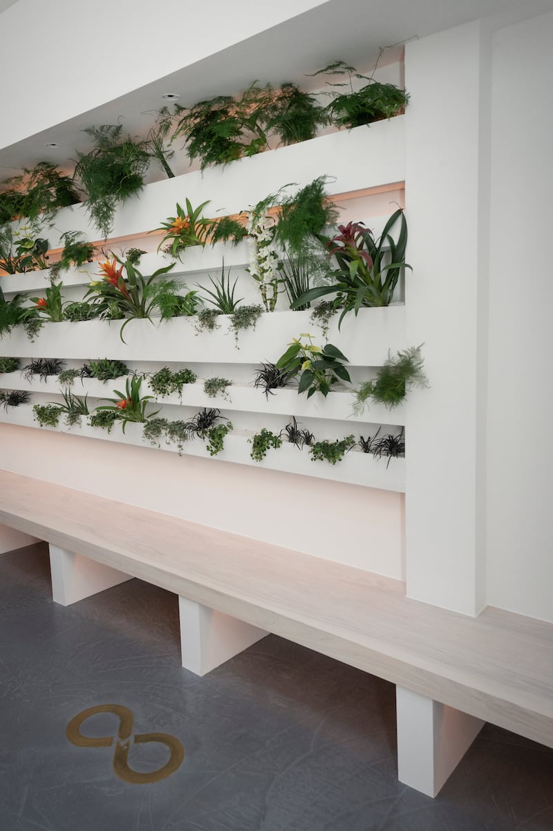 A bench and planters break up the long hall space