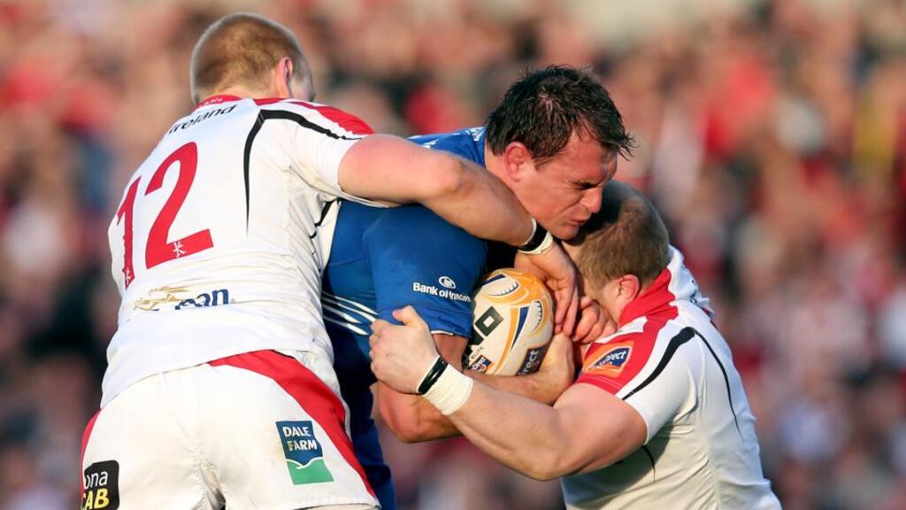 Leinster’s Rhys Ruddock tackled by Luke Marshall and Callum Black of Ulster. Photograph: Dan Sheridan / Inpho