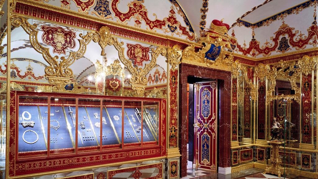 A file photograph of the jewellery showcase targeted in a raid on Dresden’s Green Vault treasury, in Germany. File photograph: David Brandt/Staatliche Kunstsammlungen Dresden/EPA