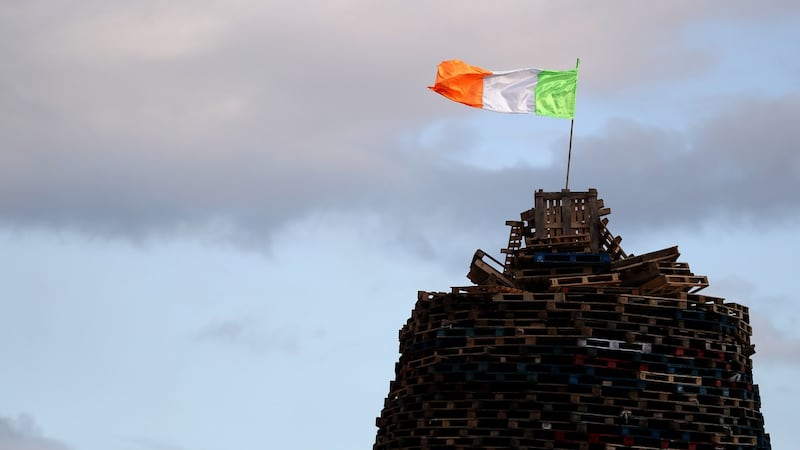 A tricolour on top of a bonfire in the Sandy Row area of Belfast before “Eleventh night” on July 11th. Photograph: Brian Lawless/PA
