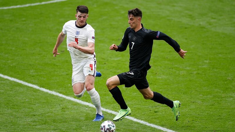 Declan Rice tracks Kai Havertz during England’s 2-0 win over Germany at Wembley. Photograph: John Sibley/Getty