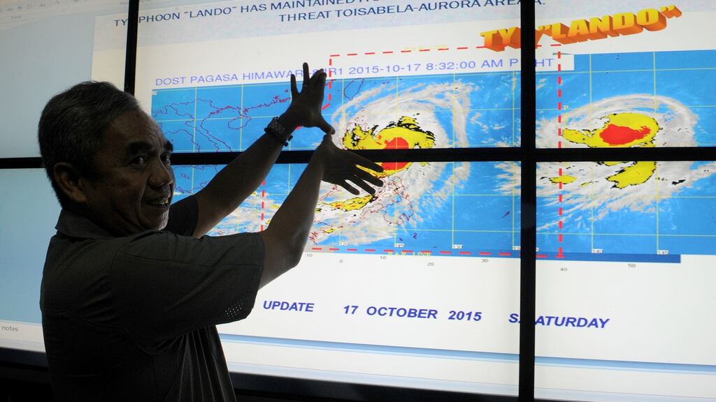 Undersecretary Alexander Pama, head of the National Disaster Risk Reduction and Management Council gives a briefing on Typhoon Koppu in suburban Manila. Photograph: Jay Directo/AFP/Getty Images