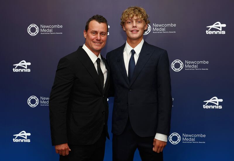 Former world No 1 Lleyton Hewitt with his son Cruz Hewitt. Photograph: Graham Denholm/Getty Images for Tennis Australia