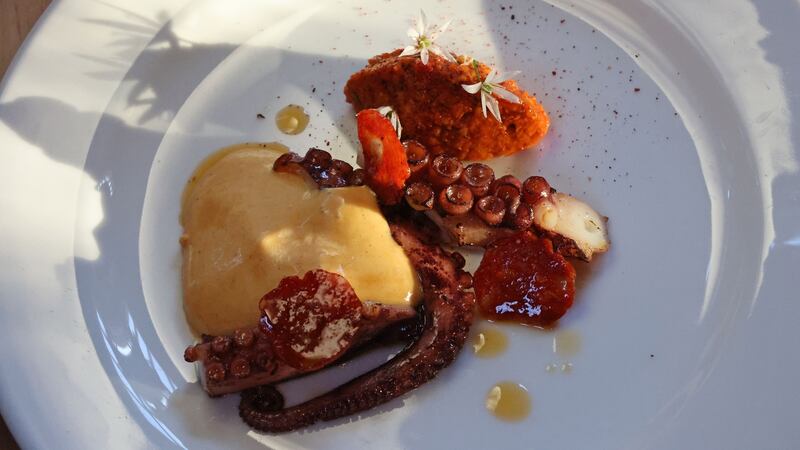 Starter detail of charred octopus and warm Gubeen chorizo, romesco sauce. Photograph: Nick Bradshaw