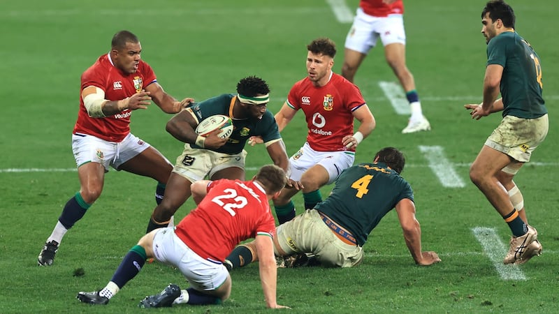 South Africa captain Siya Kolisi runs with the ball during the second Test against the Lions in Cape Town. Photograph: David Rogers/Getty Images