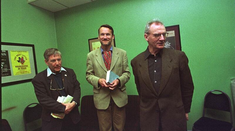 Seamus Deane, right, with Amoz Oz and Andre Makine at Cúirt in Galway in 1989. Photograph: Joe St Leger