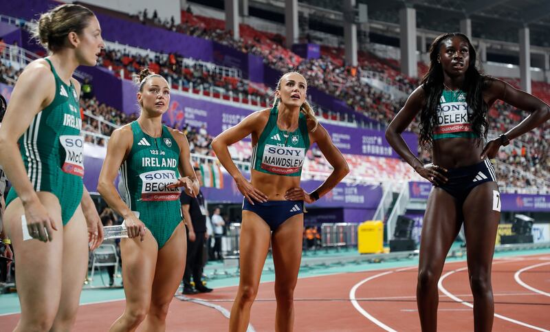 Ireland’s Rachel McCann, Sophie Becker, Sharlene Mawdsley and Rhasidat Adeleke finished ahead of Australia and Switzerland in the second qualifying round at the World Athletics Relays. Photograph: Tocko Mackic/Inpho