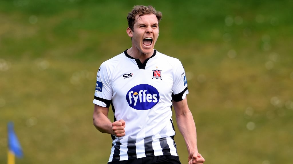 Dundalk’s Georgie Kelly celebrates his goal in the third minute of extra time to give his side a 3-1 victory over UCD at UCD Bowl. Photograph: Ciaran Culligan/Inpho