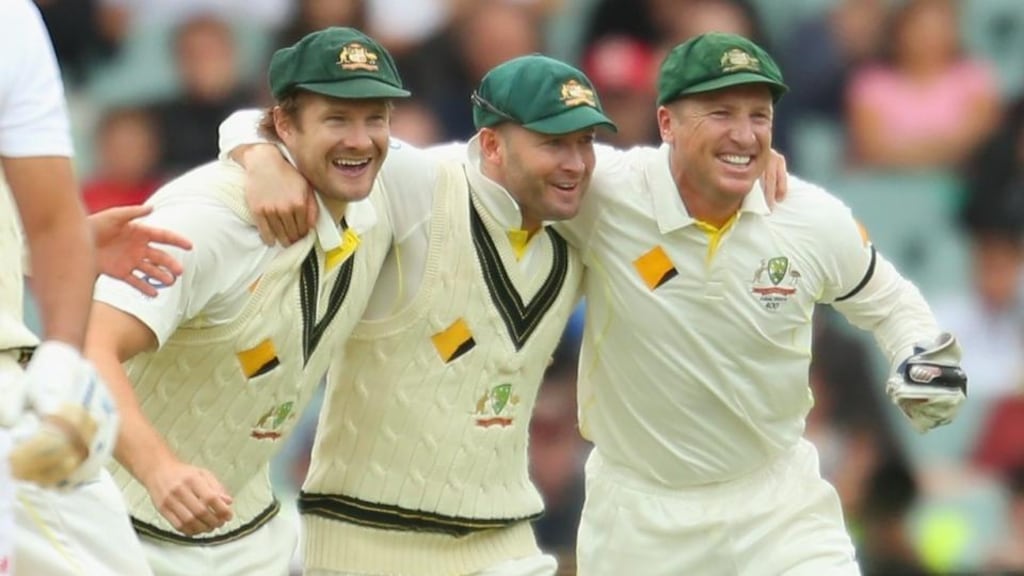 Shane Watson, Michael Clarke and Brad Haddin  celebrate after Australia seal victory over England in the second Ashes Test at the Adelaide Oval. Photograph:  Scott Barbour/Getty Images