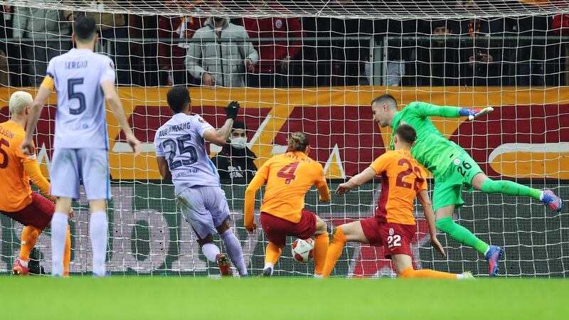 Pierre-Emerick Aubameyang scores Barcelona’s second goal during the Europa League round of 16, second leg against Galatasaray in Istanbul. Photograph: Tolga Bozoglu/EPA