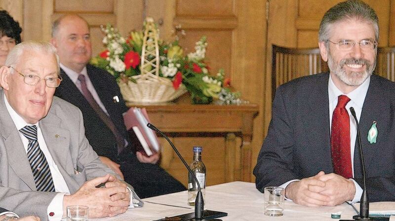 Ian Paisley sits with Gerry Adams on March 26th, 2007. Photograph: Paul Faith/PA Wire