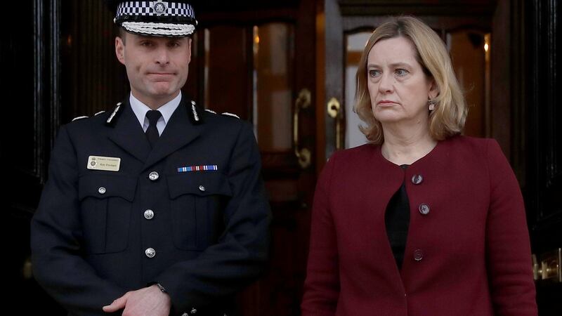 Home secretary Amber Rudd with temporary chief constable Kier Pritchard, at the Guildhall in Salisbury on Friday. Photograph: Peter Nicholls/Reuters