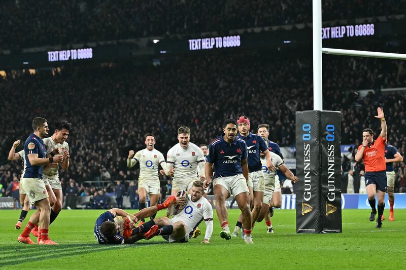 England's Elliot Daly scores his team's fourth try during a sensational Six Nations win over France. Photograph: Glyn Kirk/AFP via Getty Images