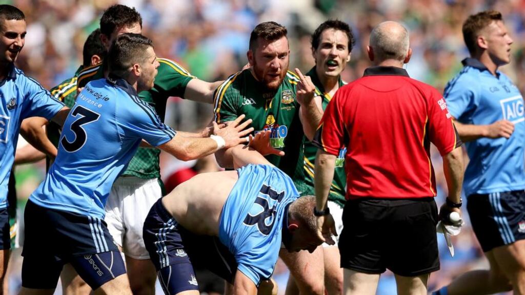 Meath’s Michael Burke protests to the referee after a scuffle in the Leinster final defeat to Dublin at Croke Park. Photograph: James Crombie / Inpho