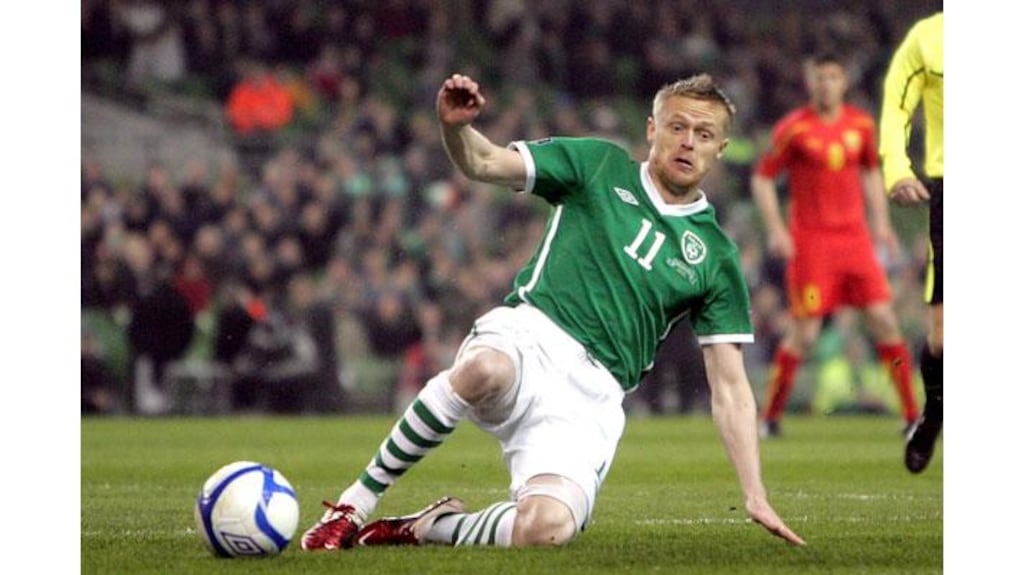 Republic of Ireland winger Damien Duff during the Euro 2012 Qualifier against Macedonia at the Aviva Stadium in March. An Achilles injury means he will miss the return leg in Skopje. - (Photograph: Ryan Byrne/Inpho)