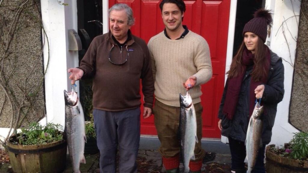 Three of the four fresh salmon caught at Delphi Lodge on opening day by visiting anglers from Germany (from left): Heinz Hoefler, Fabian Zirngibl and his girlfriend Claudia