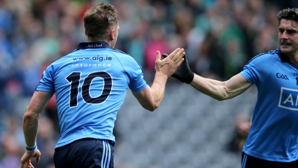 Dublin’s Paul Flynn celebrates scoring his side’s second goal against Fermanagh during yesterday’s All-Ireland Senior Football Championship quarter-final at Croke Park. Photo: Donall Farmer/INPHO