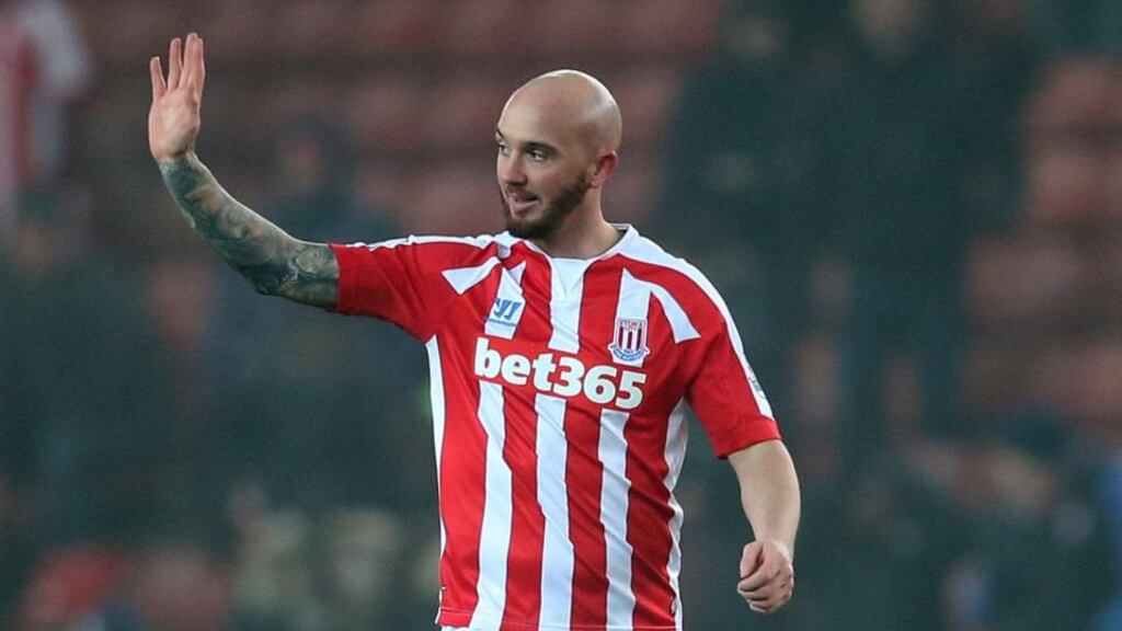 Stoke City’s Stephen Ireland celebrates scoring against Wrexham in the FA Cup, third round match at the Britannia Stadium. Photograph: Lynne Cameron/PA Wire.