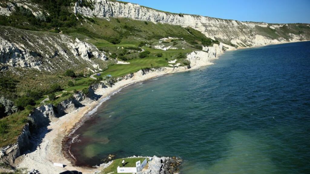 Aerial shot of Nicolas Colsaerts of Belgium teeing off on the ninth hole at Thracian Cliffs.