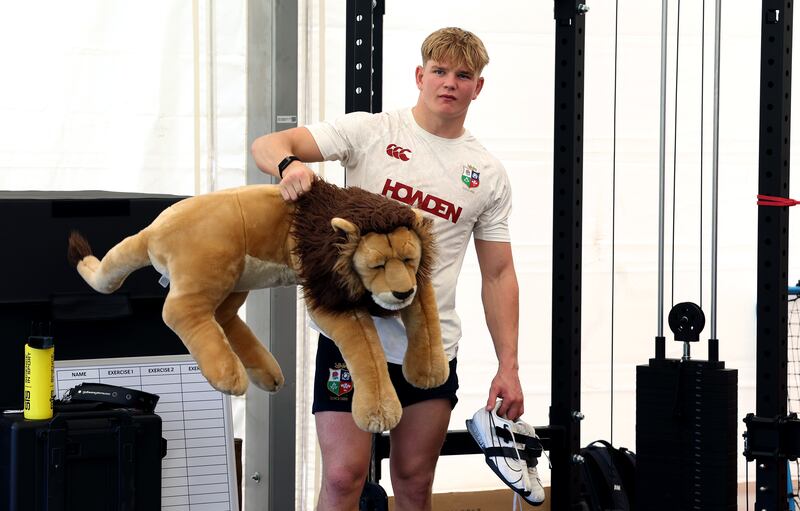 One of the duties of the youngest member of the British & Irish touring party, Henry Pollock is in charge of the Lions tour mascot, known as Bill. Photograph: David Rogers/Getty