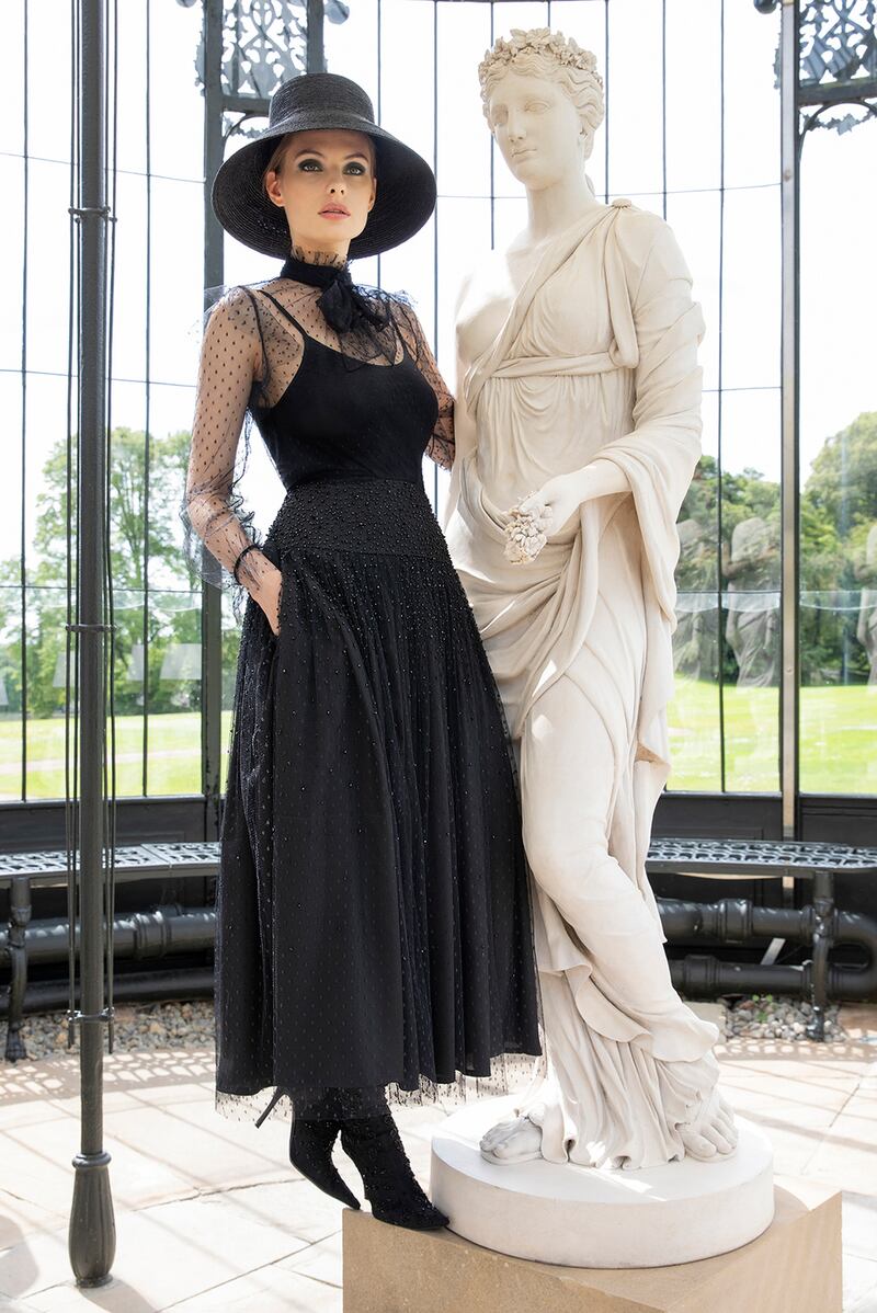 Louise Kennedy: Bobbi blouse in black polka dot-tulle €495, Celia skirt in black polka-dot tulle with jet embellishment €1,895