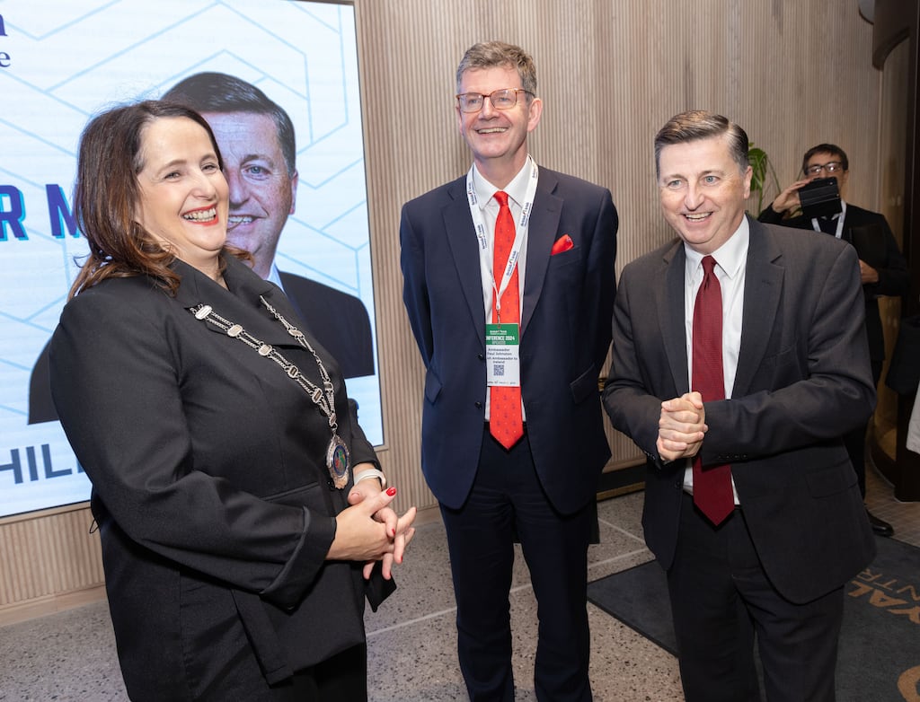 Marie Doyle, president of the British Irish Chamber of Commerce, Paul Johnston, the British ambassador to Ireland, and Douglas Alexander MP. Photograph: Paul Sherwood