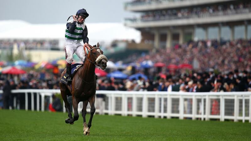 Oisin Murphy celebrates after he rides Dashing Willoughby to win The Queen’s Vase. Photograph: Charlie Crowhurst/Getty