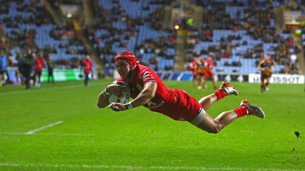 Cheslin Kolbe dives to score Toulouse’s first try against Wasps. Photograph: Geoff Caddick/AFP/Getty