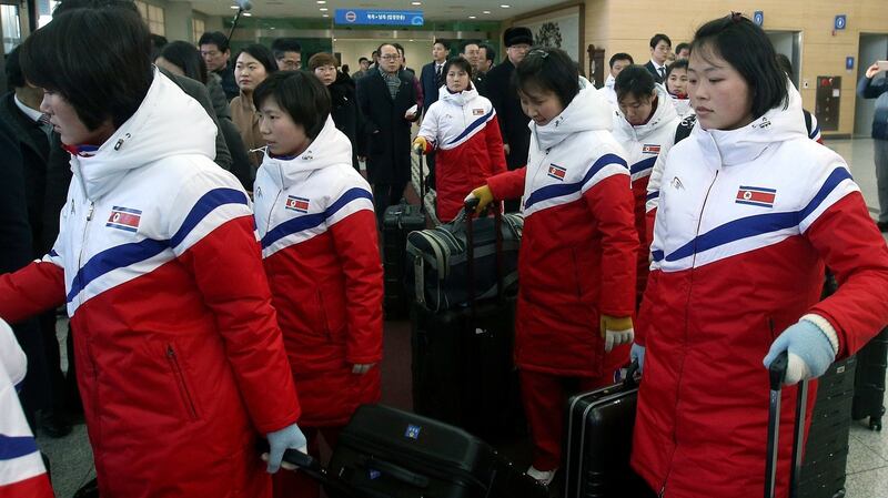 North Korean women’s ice hockey players arrive near the demilitarised zone (DMZ) on January 25th. They will play in a united Korean team at the winter Olympics. Photograph: Korea Pool/Getty Images