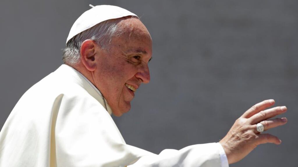 Pope Francis waves at the end of a special audience for Carabinieri paramilitary police in Saint Peter’s Square at the Vatican today. Photograph: Max Rossi/Reuters