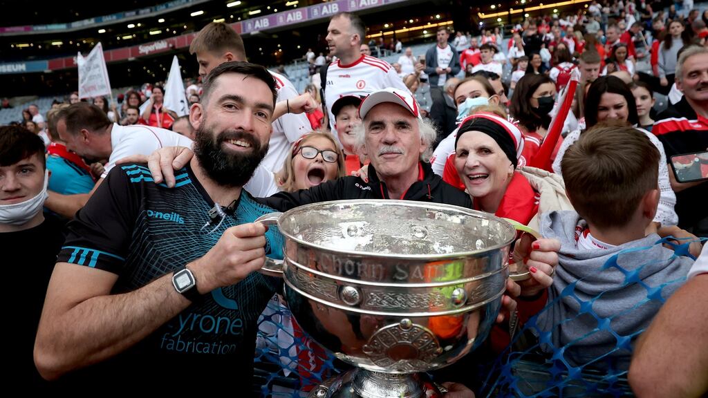 Joe McMahon celebrates with the Sam Maguire: ‘You can’t really imagine what it must have been like for those players coming back from Covid. It was some effort from everyone to get back to a place where we could compete.’ Photograph: James Crombie/Inpho