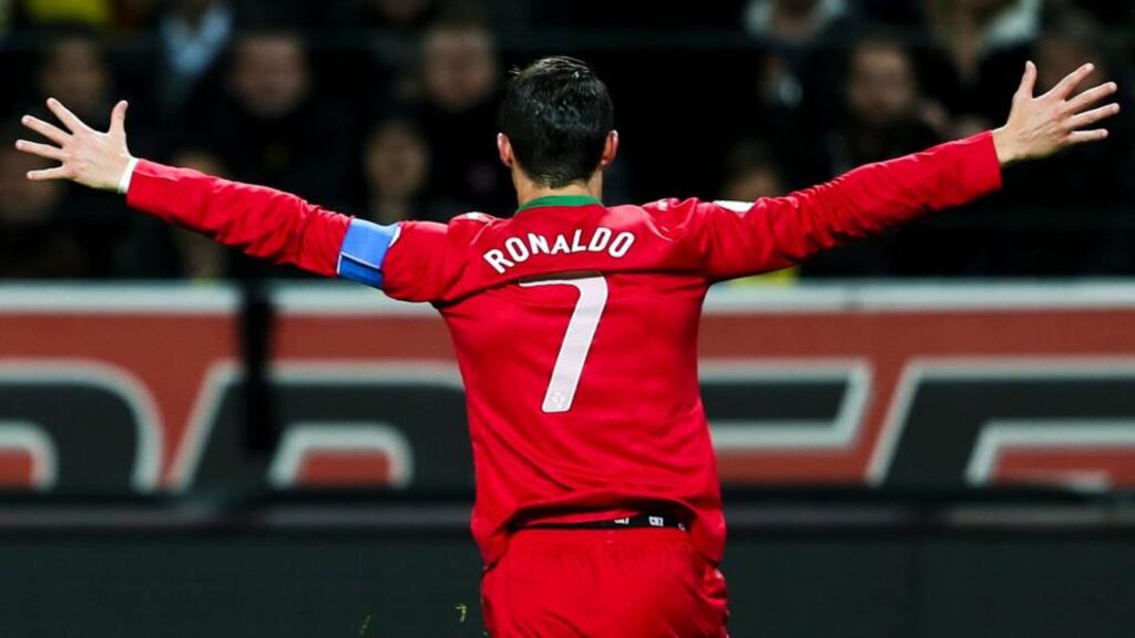 Portugal’s Cristiano Ronaldo celebrates after scoring one of three goals against Sweden at Friends Arena in Stockholm. Photograph: Mario Cruz/EPA