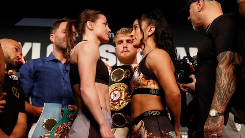 Katie Taylor and Amanda Serrano face off during the weigh-in at The Hulu Theater at Madison Square Garden. Photograph: Sarah Stier/Getty Images