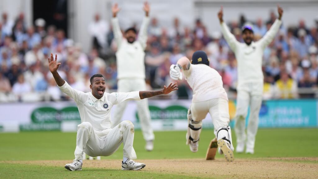 England batsman Ben Stokes survives a confident appeal from India bowler Hardik Pandya during day two of the third Specsavers Test Match between England and India. Photograph: Stu Forster/Getty Images