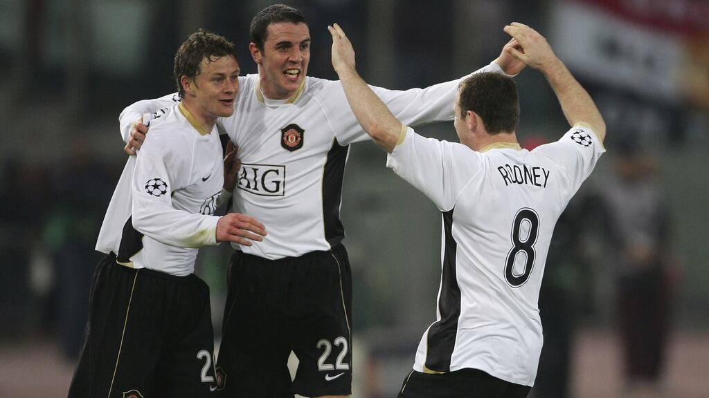 John O’Shea celebrates with Ole Gunnar Solskjær and Wayne Rooney after scoring the equalising goal against Roma at the Stadio Olimpico during the Champions League quarter-final in April 2007. Photograph: Alex Livesey/Getty Images