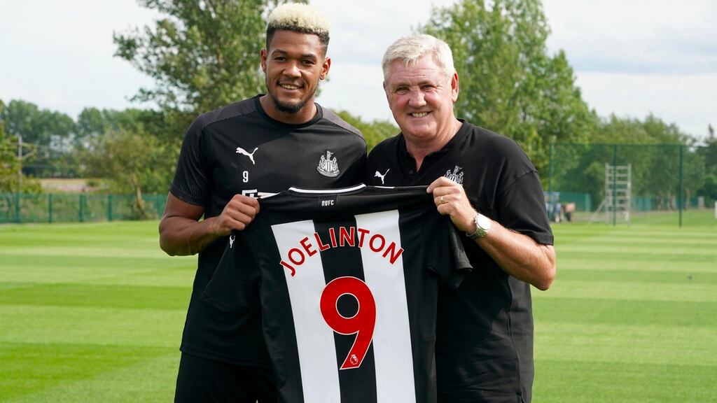 Steve Bruce with new Newcastle signing Joelinton. Photograph: Owen Humphreys/PA