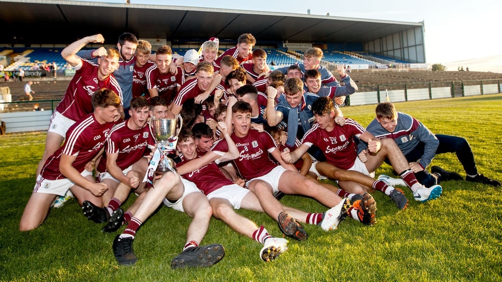 Galway celebrate their Connacht MFC final victory over Roscommon. Photograph: James Crombie/Inpho