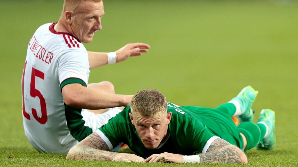 Ireland’s James McClean and Hungary’s Laszlo Kleinheisler during the international friendly match at Szusza Ferenc Stadium in Budapest. Photograph: Trenka Atilla/PA Wire