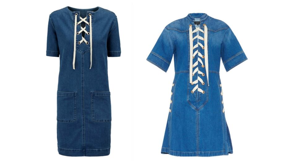 Hit all the right notes with this eyelet lace-up denim mini-dress from Gucci for €1,600 at net-a-porter.com (right) or keep your voice with this denim lace-up By Very for
€37 at Littlewoods Ireland (left).