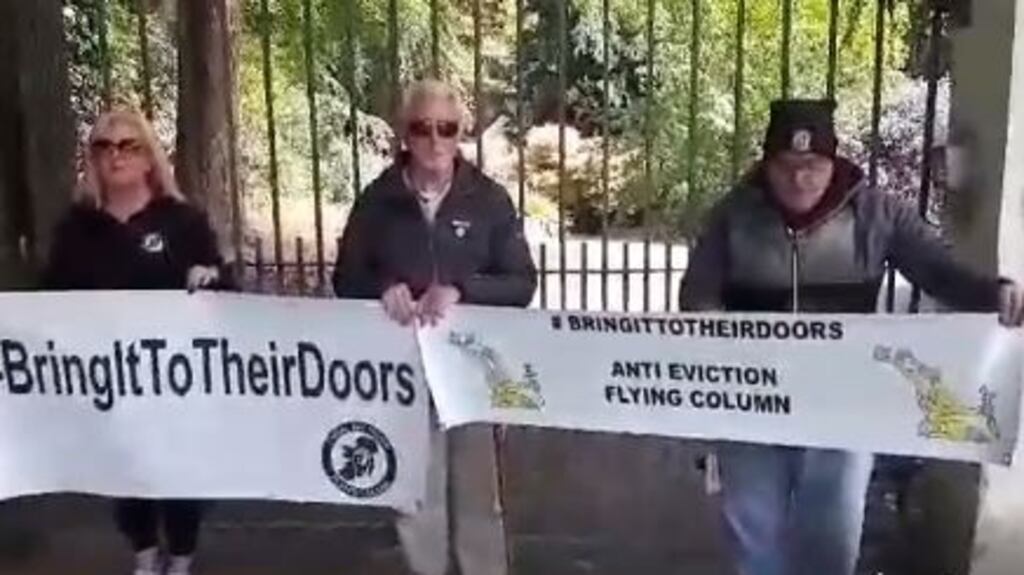 Videograb showing protesters outside Minister for Transport Shane Ross’s home on Sunday. Photograph: Fingal Battalion Direct Action Group/Facebook